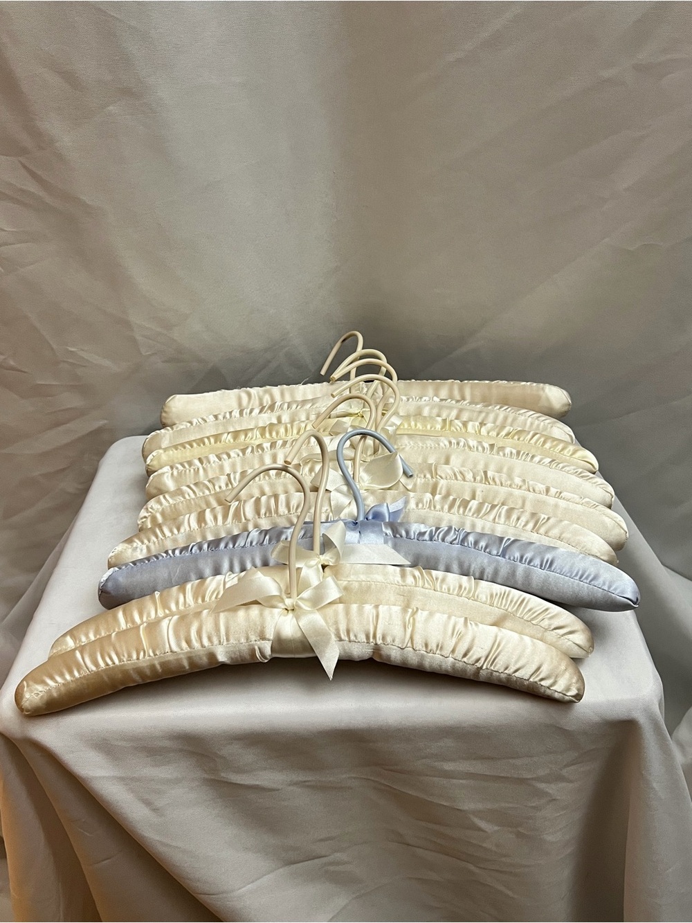Vintage Satin Padded Clothes Hangers Set of 9 Ivory Blue Bow Bridal